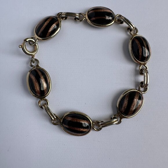 Vintage Oval Glass Cabochon Bracelet with Gold-Tone Links 7" - Picture 6 of 9